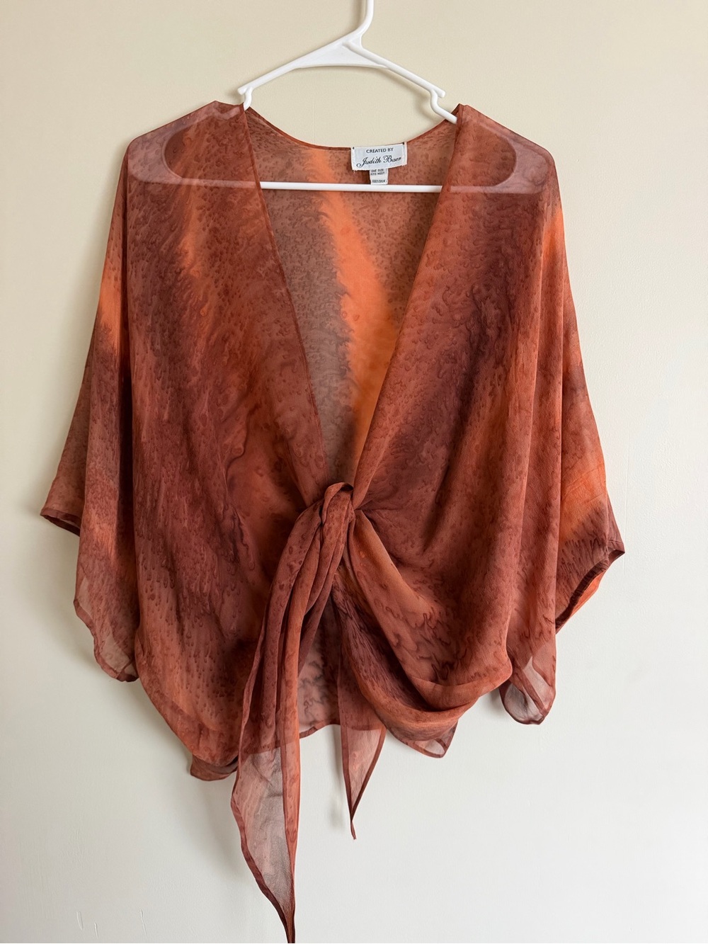 Judith Baer 100% silk Sheer Tie-Front Kimono Blouse in Rust Orange